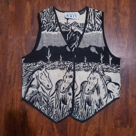 Keren Hart Womens Western Tapestry Button Up Vest Black & Cream W/ Horses Size M - Picture 1 of 11